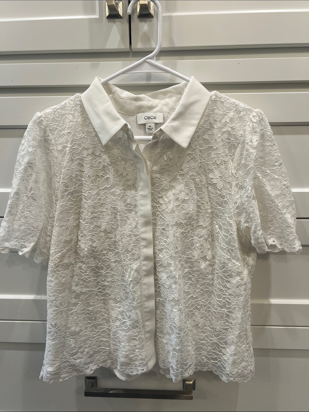 CeCe Ivory Lace Short-Sleeve Button Blouse